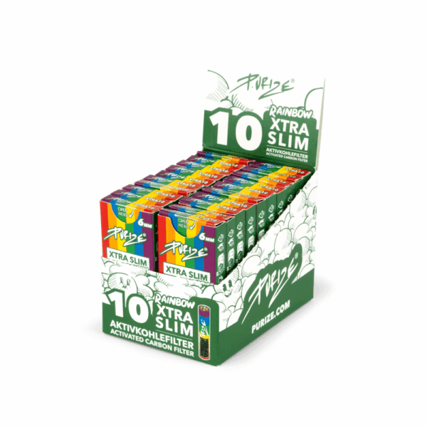 Box da 20 Pack da 10 Filtri a carboni attivi Purize Xtra Slim 5,9mm Rainbow