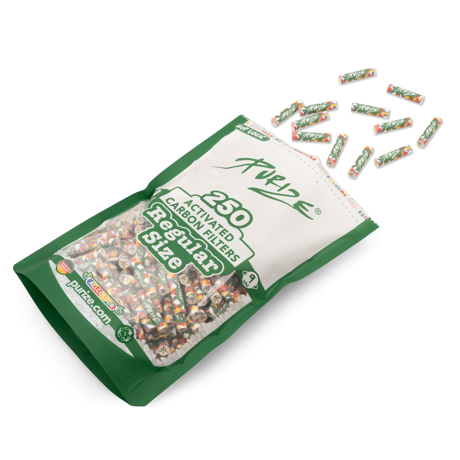 Dettaglio Pack da 250 Filtri a carboni attivi Purize Regular 9mm Multicolor