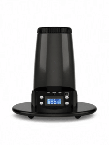Arizer Extreme Q Vaporizer da tavolo nero con display digitale su sfondo bianco