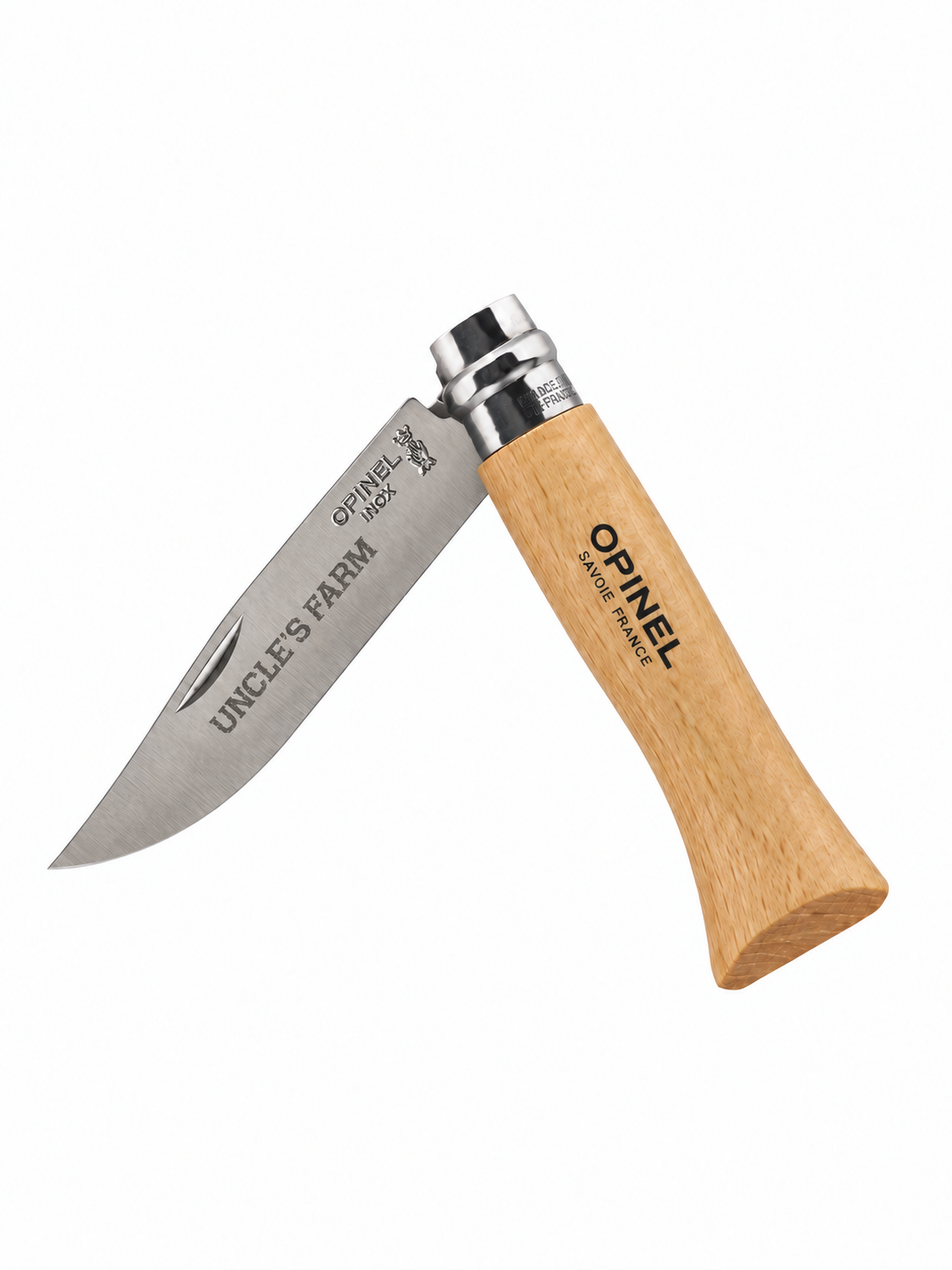 Coltello Opinel Piattella Uncle's Farm aperto con lama in acciaio e manico in legno
